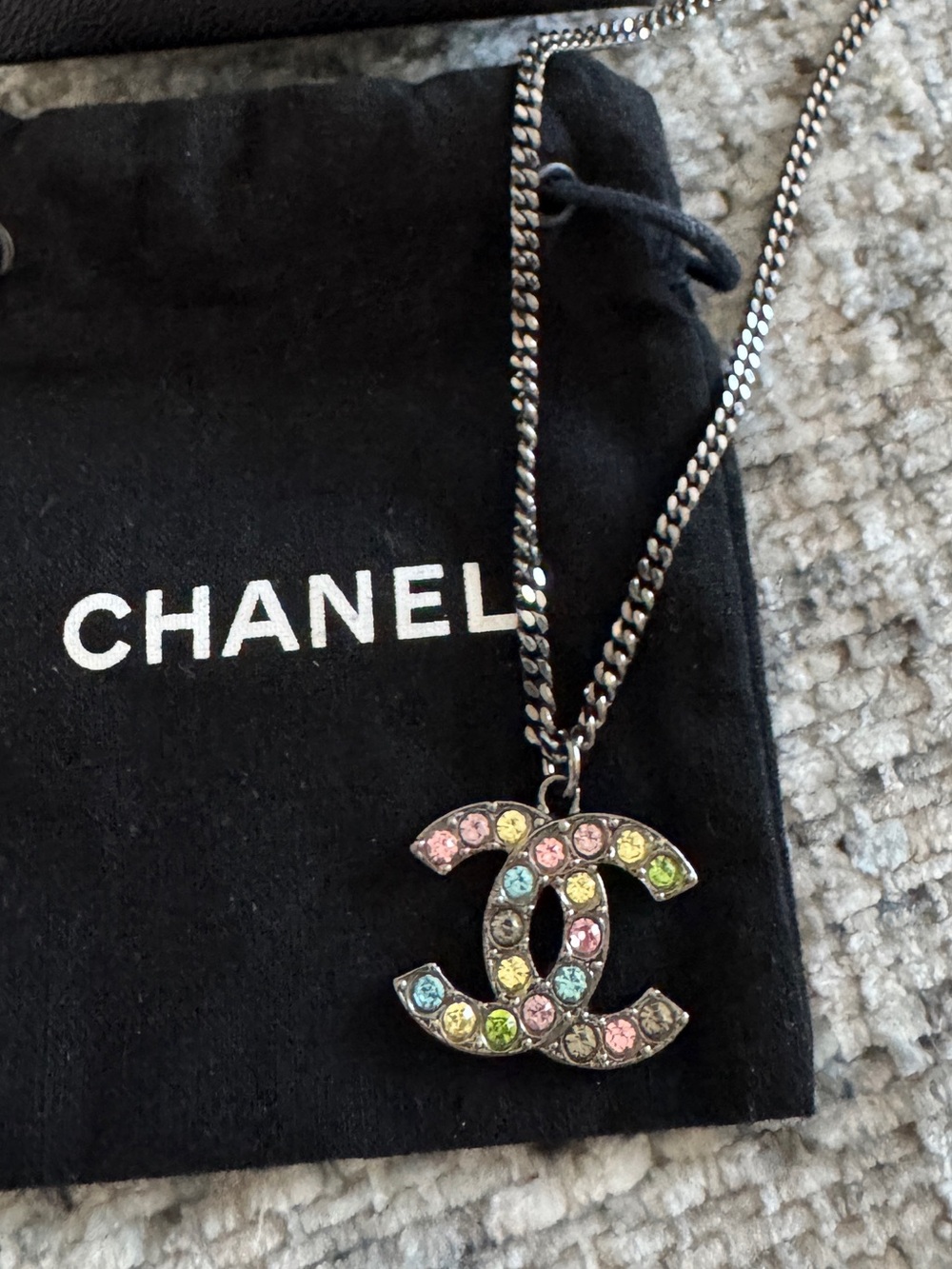 Chanel Multicolor Crystal CC Logo Pendant Necklace - Silver Gunmetal Chain